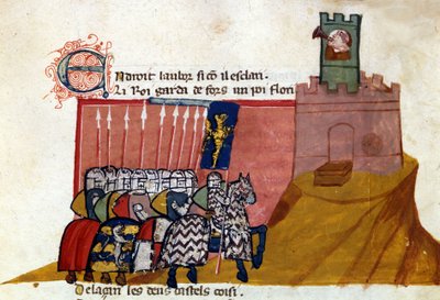 A group of frank knights arrives in a castle. Miniature from 