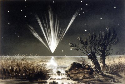 A meteorite falling into the sea. Colour lithograph from the end of the 19th century by Unknown artist