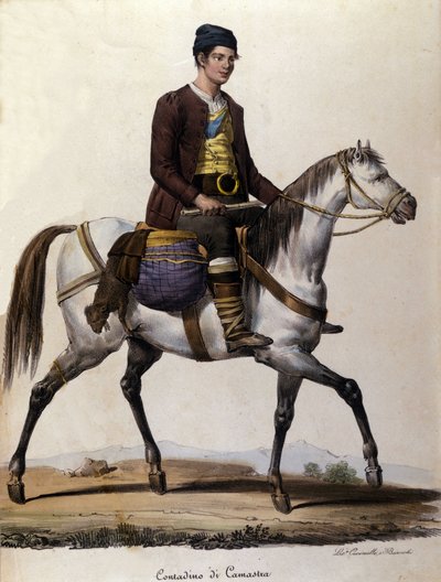 A peasant on horseback, in the vicinity of Camastra in Sicily. Engraving of the 19th century by Unknown artist