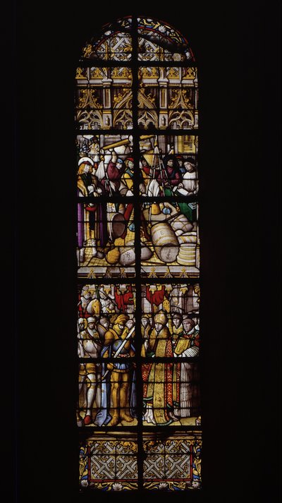 A right to weights and measures, guaranteed by the presence of an appropriate controller (top). Chilperic welcomed by the bishop of Tournai after the defeat by his brother Sigebert (bottom). Stained glass at the Cathedral of Tournai: Transept right (3). by Unknown artist