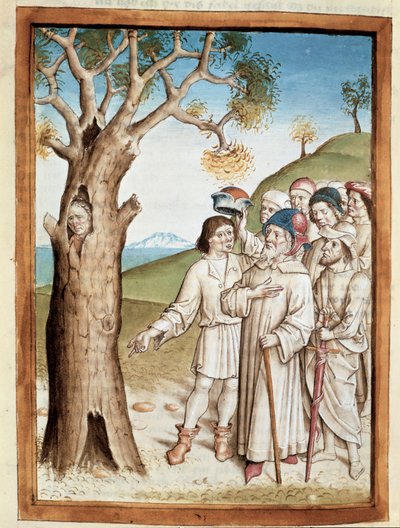 A man hides in a tree trunk from a German translation of the fables of Bidpai