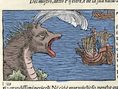 A sperm whale attacks a ship. Engraving by Olaus Magnus (1490-1557), Swedish religious and geographer, 
