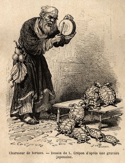 A turtle charmer, engraving illustrating a journey to Japan by Aime Humbert, published in 