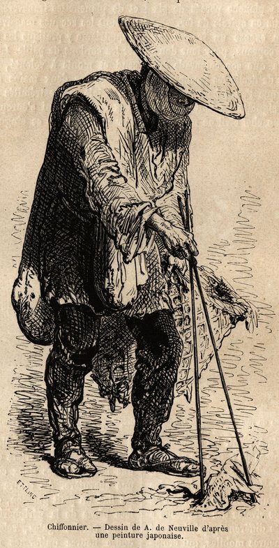 A Walking Rag Picker, Using Long Chopsticks He Grabs the Rags He Stores in His Basket Before Selling Them to a Wholesaler. Engraving to Illustrate the Journey to Japan, by Aime Humbert, Minister of the Swiss Confederation, 1863-1864, Published in 