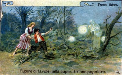 A wild fire, a diffuse light that can be seen at night near the marshes and cemeteries, would be a clever spirit from popular tradition. Chromolithograph of the 19th century by Unknown artist