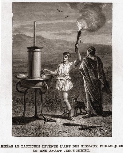 Aeneas the Tactician invents the art of phrasic signals, 366 BC. Engraving 19th century, Bianchetti collection by Unknown artist