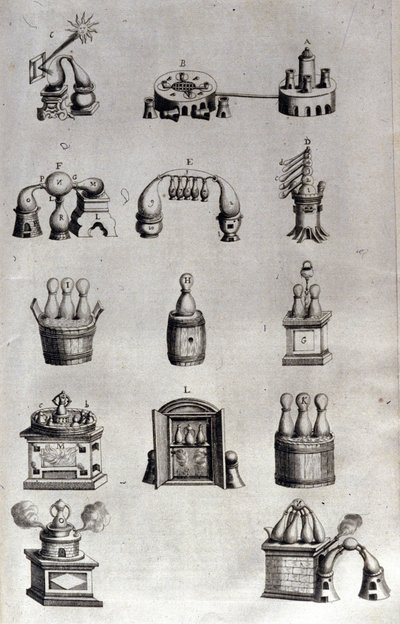 Alchemy: board representing different models of distillation apparatus and stills. Athanase Kircher, German Jesuit. 17th century engraving by Unknown artist