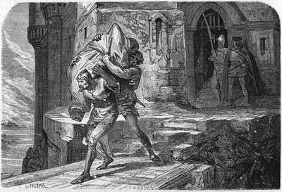 Alexander, king and bastard of Bourbon was sewn into a bag and cast into the Dawn to replace it with the dolphin, the future Louis XI. Engraving of the 19th century by Unknown artist