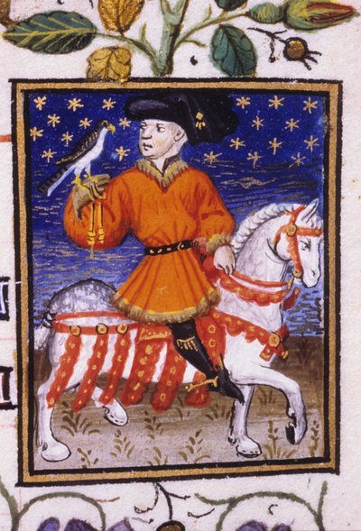 Allegorical Representation of May. A Young Lord with Brays Squeezing on the Knee by a Garter Holding a Falcon. Miniature of a 14th Century Manuscript by Unknown artist