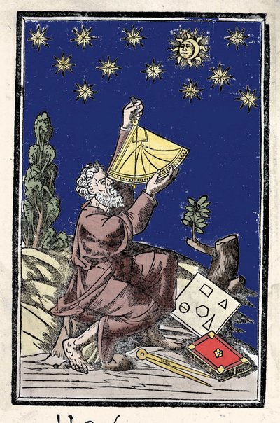 An astronomer doing calculations using a sextant during an eclipse. Engraving of the 16th century by Unknown artist