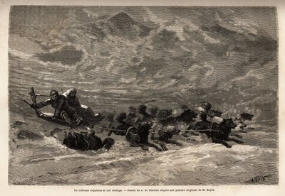 An Eskimo sleigh and its dog team, the fastest and most reliable way to travel in the Arctic. Engraving to illustrate the voyage to the free sea of the Arctic pole, by Doctor Hayes, surgeon of the United States Navy, in 1860-1862, published in 