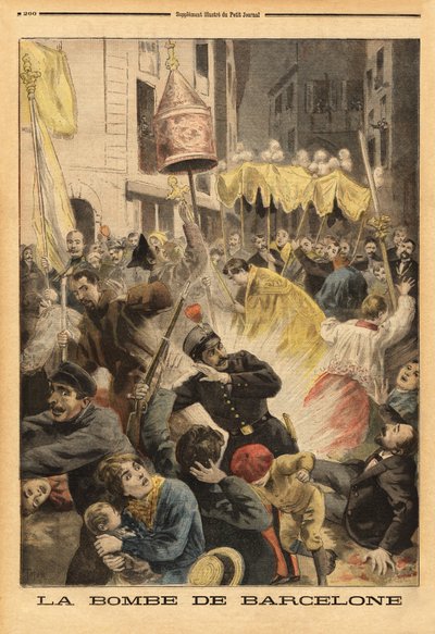 Anarchist attack in Barcelona, bomb explosion in the procession leaving the church of Santa Maria, street nuevos cambios by Unknown artist
