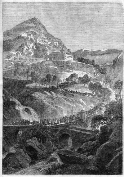 Annual pilgrimage of March 21 at the convent of St. Benedict on Mount Cavo (Colli Albani) near Rome - Engraving of 1868 by Unknown artist