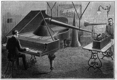 Apparatus for recording a piano piece by the phonograph, an invention by Thomas Alva Edison (1847-1931). Engraving in 