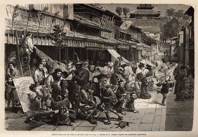 Appearance of a street in Edo (Tokyo) on the first day of the year, the transvestite inhabitants walk around and children