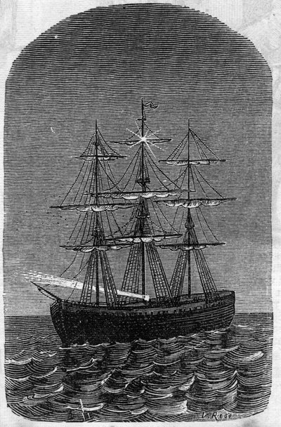Application of Faure batteries: ship in the open sea lit by electricity. Engraving in 