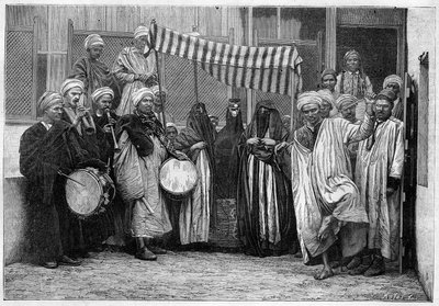 Arab custom in Egypt: Bridal Cortege in Cairo. Engraving in 