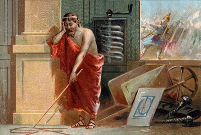 Archimedes of Syracuse (287- 212 BC) plotting geometric shapes on the ground, soon to be stopped by Roman soldiers at the bottom of the scene. In his workshop one can recognize his various inventions: the screw and the wheelbarrow. Chromolithography of the by Unknown artist