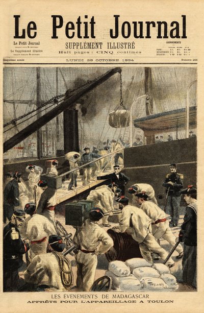 Armaments at Toulon of the cruisers Dupetit-Thouars and Laperouse, and boarding of 15,000 troops, for an expedition to Madagascar. Engraving in Le petit journal 29/10/1894. Selva