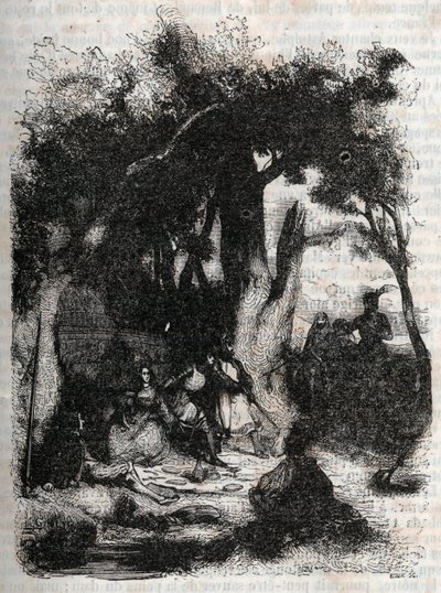 Arrival of Rodomont and Mandricard to the fountain of Merlin - engraving of 1851 from “Roland furieux” (Orlando furioso) (16th century) by Ludovico Ariosto, known as the Ariosta - Edition translated from Italian by the Count of Tressan by Unknown artist