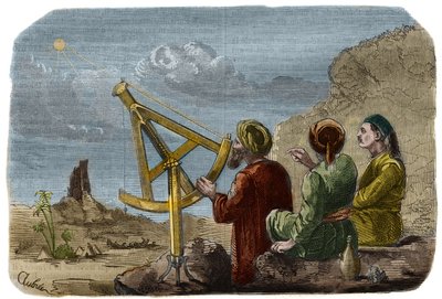 Astronomy: Arab scientists raising the height of the Sun in the Plain of Babylon around 825. They use a quarter circle with pinnules. Engraving from 1857 in Le Musee Des Sciences by Unknown artist