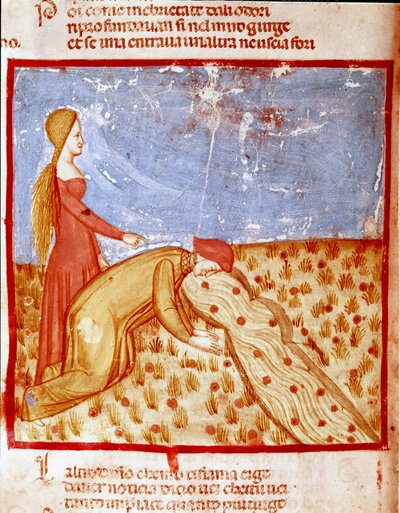At the entrance of Paradise, Dante meets Mathelda, and drinks water from the Eunoe River, which makes the memory of good things accomplished. Illuminated page illustrating a song of Paradise from the 