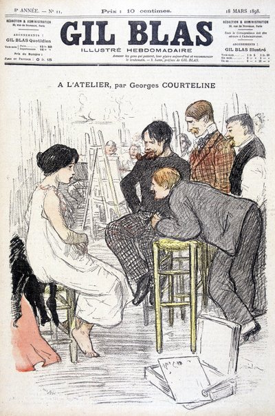 At the Workshop by Georges Courteline. Man Watching a Woman Posing in a Workshop. In 