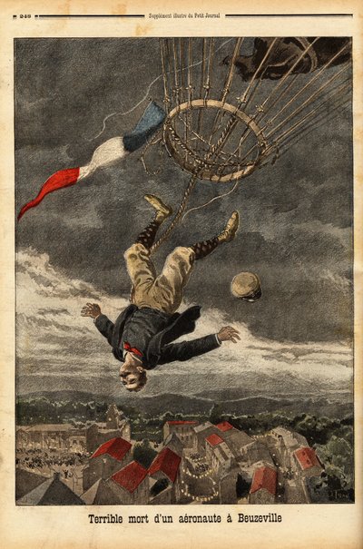 Balloon accident in Beuzeville, following a loss of gas, the aeronaut lost control and fell from his balloon, in which he had embarked without a nacelle. Engraving in 