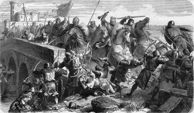 Battle of Taillebourg in 1242, Capetian troops of King Louis IX of France and his brother Count of Poitiers Alphonse against revolting vassals Henry III of England and Hugues X of Lusignan by Unknown artist