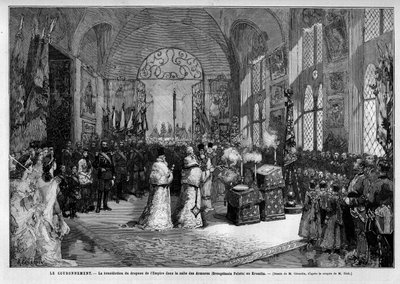 Benediction of the flag of the Empire in the Armor Hall at the Kremlin in Moscow during the coronation of Emperor Alexander III of Russia (1845-1894) and Empress Dagmar of Denmark (1847-1928) on May 27 by Unknown artist