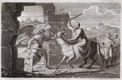 Bible of Royaumont, Old Testament: Balaam. The false prophet Balaam blessed the people of God, although King Balak (Balac) had sent him to curse them. Her donkey speaks to her to complain about being beaten. Illustration from 1811. by Unknown artist