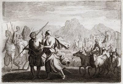 Bible of Royaumont, Old Testament: Calling of Abraham. God calls Abraham, and commands him to leave the land of the Chaldeans to come into a land which he promised to give him. Illustration from 1811 by Unknown artist