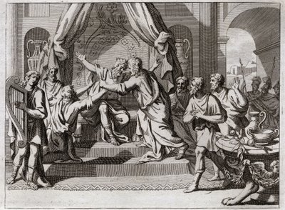 Bible of Royaumont, Old Testament: David plays the harp. Saul being rejected from God, is seized by the evil spirit. We