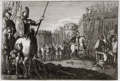 Bible of Royaumont, Old Testament: Death of Sheba. Sheba rose up against David, and took away the ten tribes after him, and Joab pursued him in Abel, where his head was cut off by the counsel of a woman. Illustration from 1811. by Unknown artist