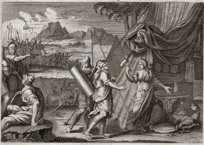 Bible of Royaumont, Old Testament: Death of Sisara. Yael (Jael) kills the head of the Canaan army Sisra (Sisera or Sisara). Illustration from 1811 by Unknown artist