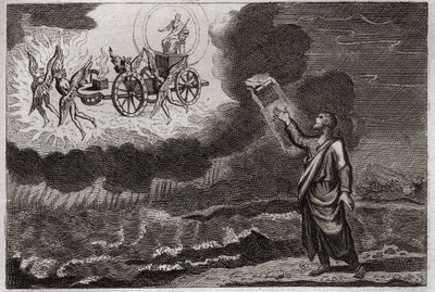 Bible of Royaumont, Old Testament: Ezekiel prophet. Saint Prophet had a vision where the Lord appeared to him on a cart, carried by four cherubim (tetramorph). Illustration from 1811. by Unknown artist