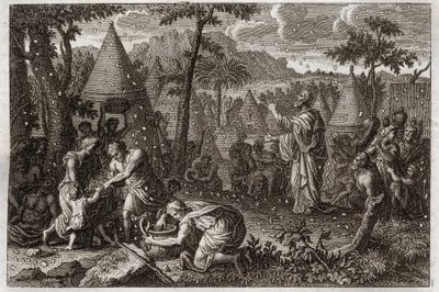 Bible of Royaumont, Old Testament: Jews in the desert (or the gathering of manna). God causes manna to fall from heaven for forty years. Illustration from 1811. by Unknown artist