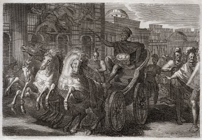 Bible of Royaumont, Old Testament: Jezebel eaten by dogs. Jehu has Jezebel thrown out of a window, and she is eaten by dogs. Illustration from 1811. by Unknown artist