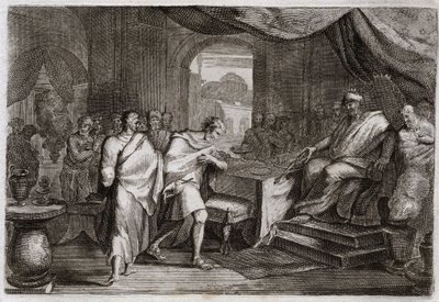 Bible of Royaumont, Old Testament: Joachim released from irons. Evilmerodach, King of Babylon, after the death of Nebuchadnezzar II, treats Joachim, once King of Judah, and releases him from irons to sit on the throne. Illustration from 1811 by Unknown artist