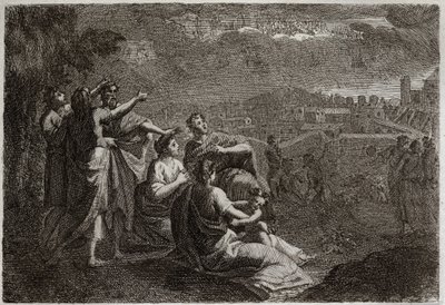Bible of Royaumont, Old Testament: Predictions on Jerusalem. God has given up arms in the air on Jerusalem, to prey upon her the evils that were to melt upon her. Illustration from 1811. by Unknown artist