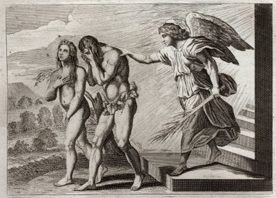 Bible of Royaumont, Old Testament: Punishment of Adam. God drives Adam and Eve out of Paradise after they fall, and puts a Cherub at the door to defend their entrance. Illustration from 1811. by Unknown artist