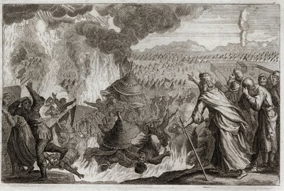 Bible of Royaumont, Old Testament: Punishment of Celestial Fire. Korah, Dathan and Abiram murmuring against Moses, and affecting the ruler Priesthood, are all destroyed alive, and the earth opens to devour them. Episode of the Exodus. Illustration from 181 by Unknown artist