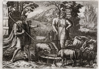 Bible of Royaumont, Old Testament: Rachel and Leah. Jacob serves Laban, his uncle, to marry his daughter Rachel. Illustration from 1811. by Unknown artist