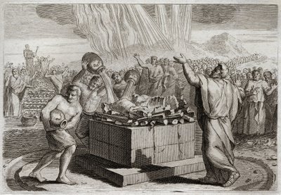 Bible of Royaumont, Old Testament: Sacrifice of Elijah. And having made the true God known by the miracle of fire which came down from heaven upon his sacrifice, commanded the people to kill the four hundred and fifty priests of the idol of Baal. Illustrat by Unknown artist
