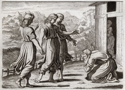Bible of Royaumont, Old Testament: Sarah Conceives Isaac. Abraham Receives Three Angels Who Promise Sarah a Son. Illustration from 1811 by Unknown artist