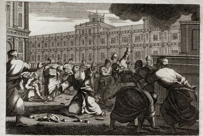 Bible of Royaumont, Old Testament: Zechariah stoned. Zechariah, the High Priest, is stoned by the command of Joash (Jehoash) king of Judah, because he took him from his orders. Illustration from 1811. by Unknown artist