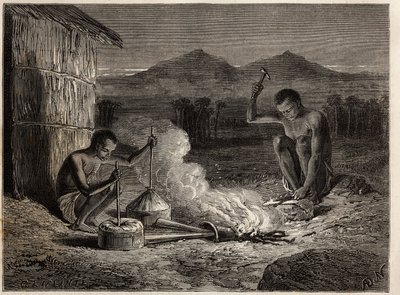 Blacksmiths in Simiango, on the banks of the Zambese River. Engraving to illustrate Dr. Livingstone