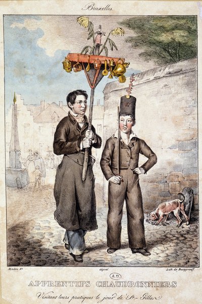 Boilermakers apprentices visiting their practices on the day of St Gillen (Brussels) - Lithography, early 19th century by Unknown artist