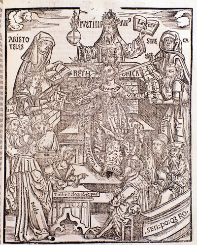 Branches of knowledge represented by Aristotle (top left) represents Natural Philosophy, with Seneca representing Moral Philosophy on the right, the Emperor Justinian (top centre). The woman in the centre has a sword and a flowering branch issuing from her by Unknown artist