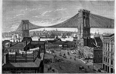 Brooklyn Bridge. Began in 1869, under construction at the time of engraving, it will be completed in 1883. New York (New York), United States. Engraving in 